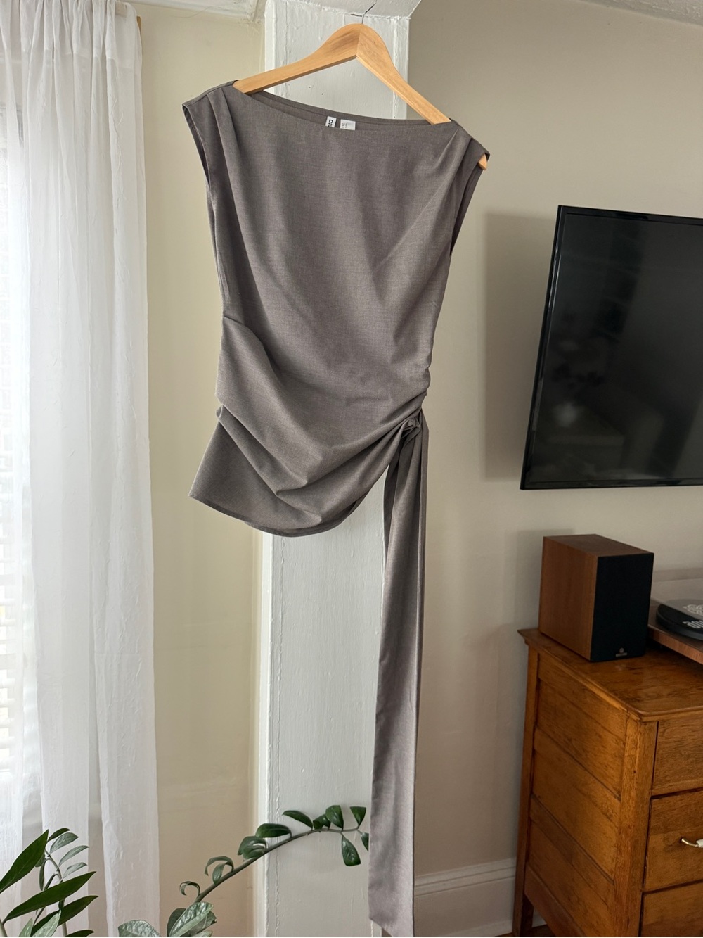 H&M Divided Gray Draped Asymmetrical Tie Waist Top Size S